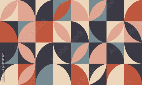 Seamless geometric pattern featuring repeating quarter circles in a sophisticated mid-century modern style using deep navy, terracotta, and blush tones.