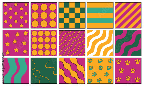 Vibrant 1970s retro seamless pattern collection grid showcasing 15 geometric, abstract, and groovy designs like stars, stripes, and waves in bold magenta, orange, and teal.