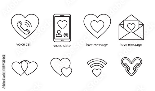Online dating icons set with voice call video date and love message icons for mobile application and remote communication for long distance relationships vector illustration of digital connection art