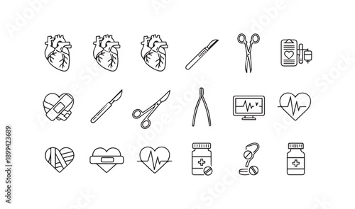 Medical healthcare cardiology surgical instruments and heart icons, symbolizing the essentials of heart health, surgical precision, and care in medicine