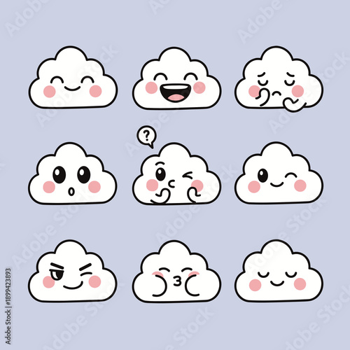 Set of Cute Cartoon Cloud Characters with Different Facial Expressions Showing Emotions Like Happy Sad Winking Sleeping And Surprised Isolated On Blue