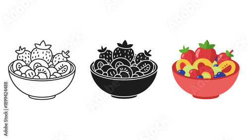 A bowl of cereal with fruit and different colored versions Vector