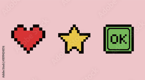 Retro 8-bit pixel art symbols of a red heart icon yellow star and green OK button for arcade video game user interface and reward elements