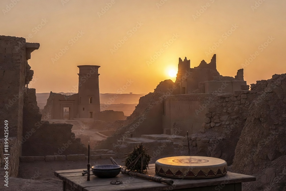 Obraz premium Golden sunset over ancient desert ruins with traditional objects in foreground