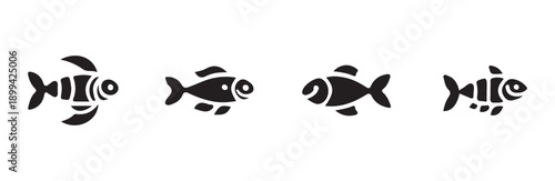 Four different stylized black and white vector icons depicting various types of small fish swimming