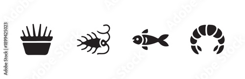 Seafood icons set representing various marine life and cooked dishes collection