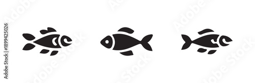 Three different styles of simple fish icons for aquatic symbol design and food concepts