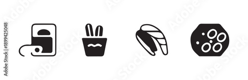 Set of food preparation and ingredient icons featuring seafood kitchen scale and vegetables