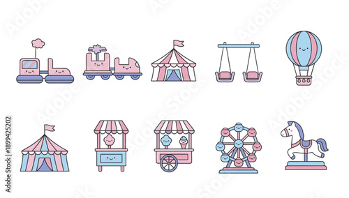 Kawaii amusement park icons set with bumper car train circus tent swings hot air balloon ferris wheel and carousel horse for fairground