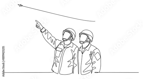 Continuous line drawing of two soldiers in helmets looking and pointing at an airplane in the sky