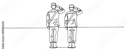 Two military soldiers in uniform saluting back view in minimalist continuous line art style