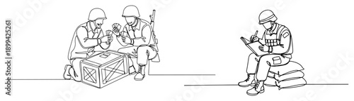 Continuous line art of soldiers playing cards on a crate and a soldier writing in a journal while sitting on sandbags