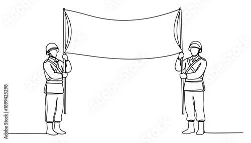 Quadro su tela Minimalist one line drawing of two soldiers in uniform holding a large blank ban