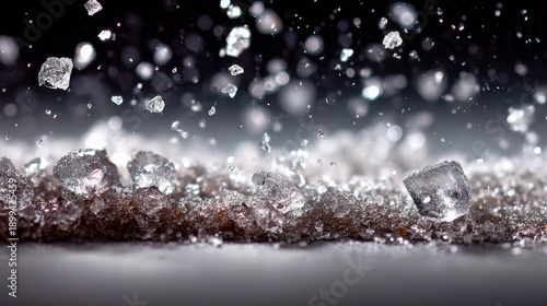 Falling ice cubes create splash effects on a flat surface during a drink preparation scene