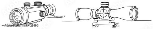 Continuous line drawing of various rifle scopes and optical sights for tactical use