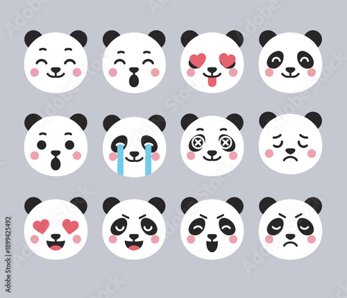 Collection of panda emoticons with various facial expressions including happy sad crying angry and love hearts for social media communication