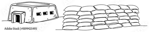 Minimalist one line art of a military bunker and a protective wall of sandbags