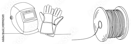 Welding equipment set with protective mask gloves and wire spool line art