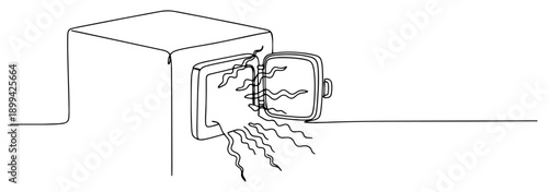 Minimalist one line drawing of smoke or steam coming out of an open metal hatch or safe