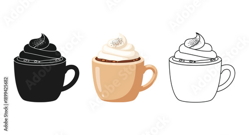 Set of three coffee mug illustrations with whipped cream in silhouette, color, and outline