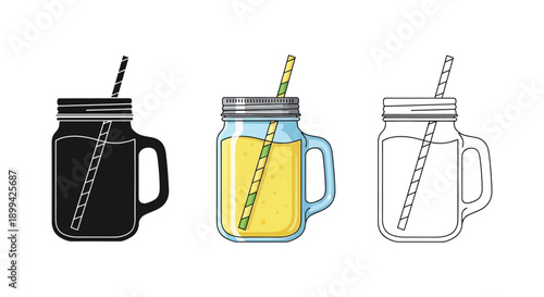 Set of three mason jar mug illustrations with straws in silhouette, color, and outline