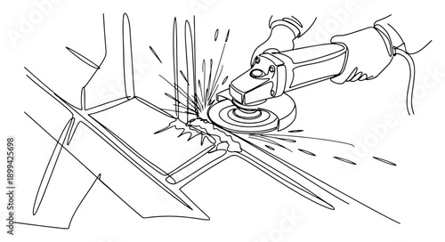 Continuous one line drawing of a worker using an angle grinder tool to cut metal with sparks