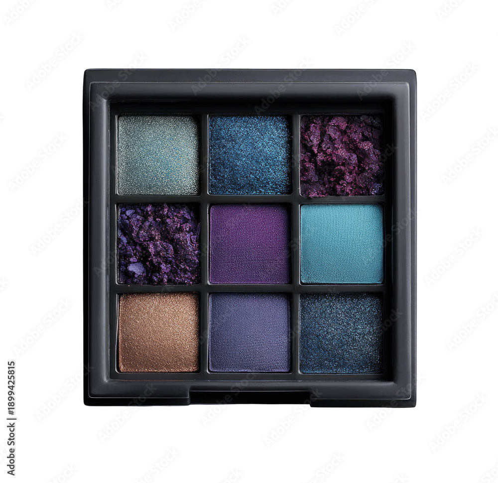Fototapeta premium Nine-pan eyeshadow palette, square, black case. Colorful, textured eyeshadows in a variety of shades. Cool tones, including teal, amethyst, and mauve