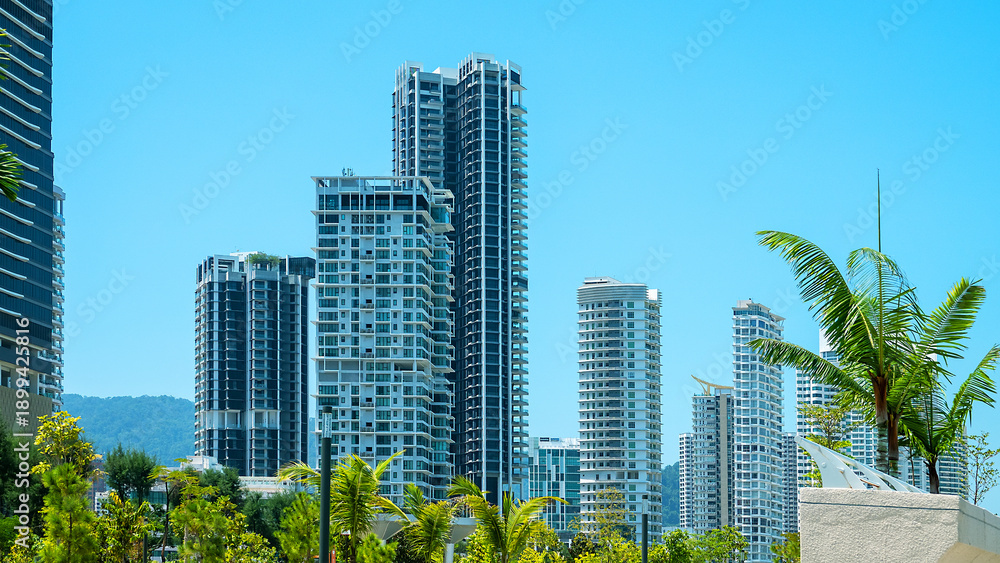 Obraz premium Malaysia, Penang Island. Georgetown sea-port-town with high-rise buildings on the coast.