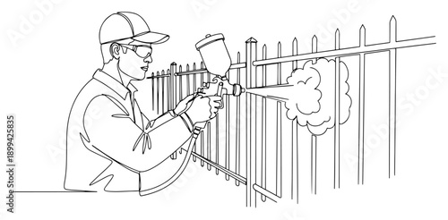 Professional worker painting a metal fence with a spray gun in continuous line art style