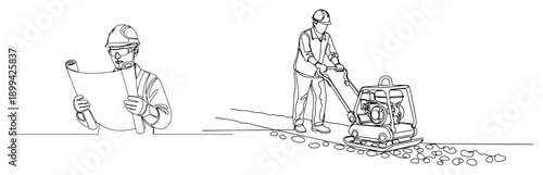 One line drawing of construction workers using a plate compactor and checking blueprints on site