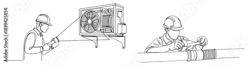 Technician inspecting air conditioning unit and worker repairing pipes in minimalist line drawing