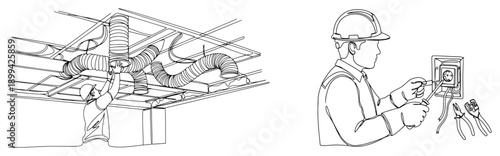 Electrician installing a wall socket and worker mounting ceiling ventilation ducts in line art
