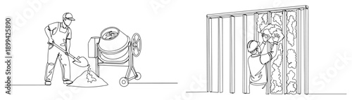 Continuous one line drawing of construction workers using a concrete mixer and installing wall insulation