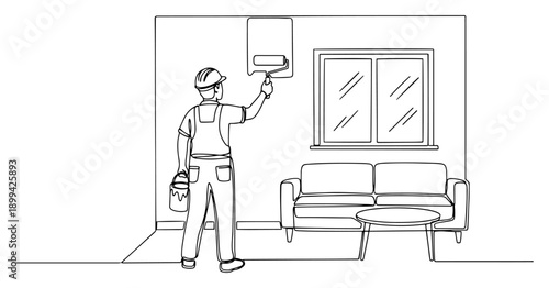 Painter using a roller to paint a wall in a living room in minimalist one line drawing style