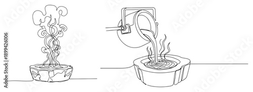 Continuous one line drawing showing the process of pouring molten metal into a mold in a foundry