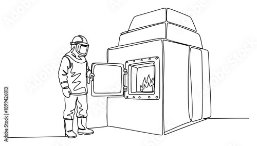 Industrial worker in protective thermal suit standing by a hot furnace in minimalist line drawing