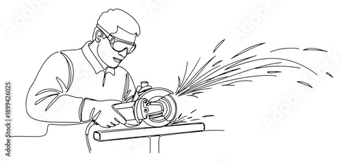 Metalworker using an angle grinder to cut steel with flying sparks in continuous line art