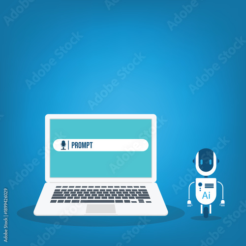 AI generator prompt with robot icon and laptop. Interface for content creating using AI generator technology	