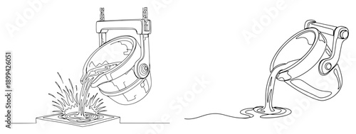 Industrial ladles pouring molten metal into molds in continuous line art style