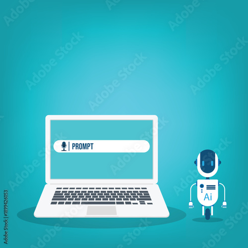 AI generator prompt with robot icon and laptop. Interface for content creating using AI generator technology	