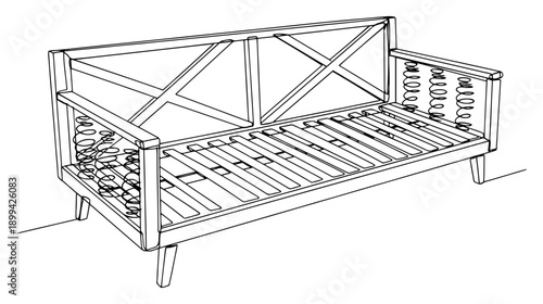 Detailed one line drawing of a sofa frame with visible springs and wooden slats