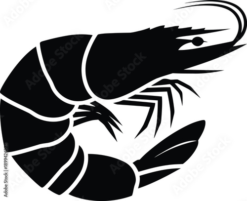 A simple black and white illustration of a shrimp on a white background.