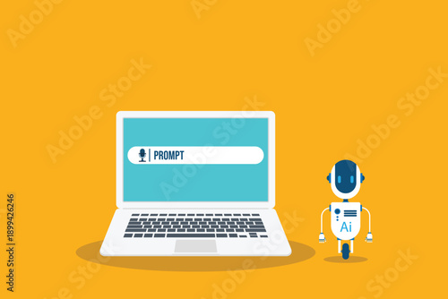 AI generator prompt with robot icon and laptop. Interface for content creating using AI generator technology	