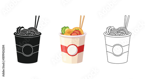 Instant noodle cup with chopsticks illustrated in silhouette, color, and outline styles