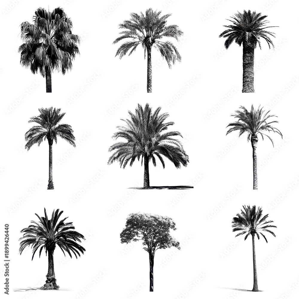 Naklejka premium Different types of palm trees arranged in a grid pattern with simple black and white lines