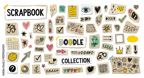 A diverse collection of hand-drawn doodle elements and text snippets for scrapbooking and creative projects.