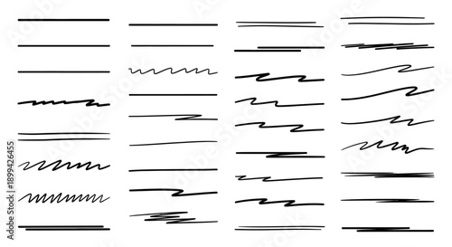 Collection of hand-drawn underline strokes, scribbles, and wavy lines in various styles, perfect for highlighting text or adding a decorative touch.