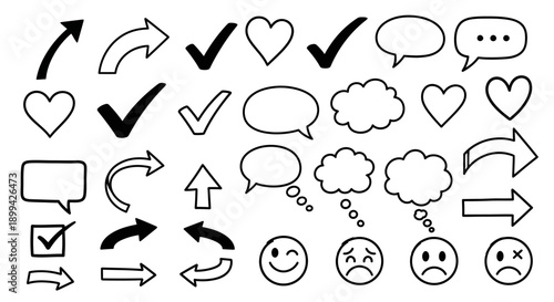 A collection of hand-drawn doodle icons including arrows, checkmarks, hearts, speech bubbles, and emojis on a white background.