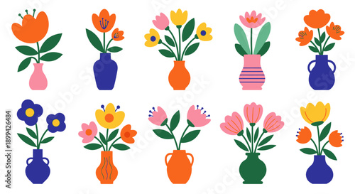 Ten colorful stylized bouquets of flowers in various vases, featuring a flat, geometric design on a white background.