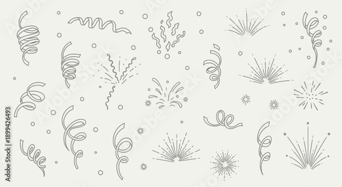 Hand-drawn collection of celebration elements including confetti, streamers, and fireworks bursts, perfect for festive designs and party invitations.